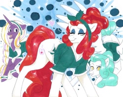 Size: 791x628 | Tagged: safe, artist:frozensoulpony, imported from derpibooru, oc, oc only, oc:jade luck, oc:little lady, oc:mi preciosa munequita, pegasus, pony, unicorn, adopted offspring, buckball uniform, female, mare, offspring, parent:applejack, parent:jet set, parent:princess cadance, parent:rarity, parent:shining armor, parents:applejet, parents:shiningcadance, traditional art