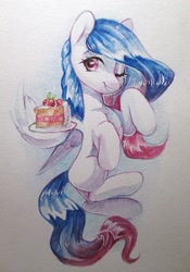 Size: 756x1080 | Tagged: safe, artist:aphphphphp, imported from derpibooru, oc, oc only, pegasus, pony, cake, food, one eye closed, solo, traditional art, watercolor painting, wink