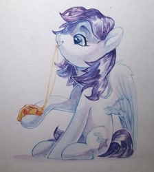 Size: 968x1080 | Tagged: safe, artist:aphphphphp, imported from derpibooru, oc, oc only, pegasus, pony, eating, food, pizza, sitting, solo, traditional art, watercolor painting