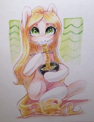 Size: 837x1080 | Tagged: safe, artist:aphphphphp, imported from derpibooru, oc, oc only, earth pony, pony, chopsticks, eating, food, noodles, ramen, ramen face, sitting, solo, traditional art, watercolor painting