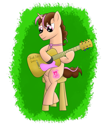 Size: 2800x3300 | Tagged: safe, artist:cloudy95, imported from derpibooru, oc, oc only, oc:think pink, pony, unicorn, guitar, high res, male, solo, stallion, stool