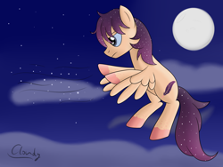 Size: 2800x2100 | Tagged: safe, artist:cloudy95, imported from derpibooru, oc, oc only, oc:star shift, pegasus, pony, flying, high res, male, moon, night, solo, stallion