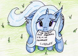 Size: 1836x1325 | Tagged: safe, artist:40kponyguy, derpibooru exclusive, imported from derpibooru, trixie, pony, unicorn, 30 minute art challenge, both cutie marks, cute, diatrixes, ear fluff, female, floppy ears, hug request, looking at you, looking up, looking up at you, mouth hold, solo, traditional art