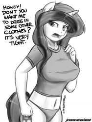Size: 960x1280 | Tagged: safe, artist:jcosneverexisted, imported from derpibooru, oc, oc only, oc:azúcar, anthro, unicorn, belly button, clothes, explicit source, grayscale, monochrome, panties, short shirt, solo, thong, underwear