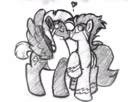 Size: 2656x2114 | Tagged: safe, artist:heyerika, imported from derpibooru, soarin', thunderlane, pegasus, pony, clothes, eyes closed, gay, heart, kiss on the lips, kissing, male, monochrome, shipping, sketch, soarilane, traditional art, uniform, wonderbolts uniform