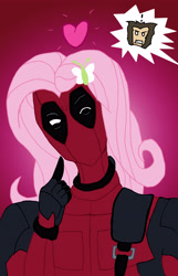 Size: 3000x4667 | Tagged: safe, artist:edcom02, imported from derpibooru, fluttershy, wild card, human, absurd resolution, bust, clothes, comedy, cosplay, costume, crossover, deadpool, exclamation point, floating heart, funny, heart, marvel, mercenary, one eye closed, portrait, selfie, surprised, wig, wild card (x-men), wink, wolverine