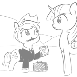 Size: 1080x1080 | Tagged: safe, artist:tjpones, imported from derpibooru, applejack, twilight sparkle, twilight sparkle (alicorn), alicorn, earth pony, pony, appleboss, boss, briefcase, chubby, cigar, clothes, contract, grayscale, hat, hoof hold, monochrome, necktie, short hair, simple background, suit, white background