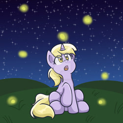 Size: 1024x1024 | Tagged: safe, artist:yoshimarsart, imported from derpibooru, dinky hooves, firefly (insect), pony, female, grass field, night, open mouth, sitting, solo, stars, watermark