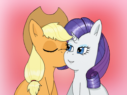 Size: 1100x822 | Tagged: safe, artist:eulicious, imported from derpibooru, applejack, rarity, cheek kiss, eyes closed, female, kiss on the cheek, kissing, lesbian, rarijack, shipping, simple background