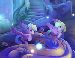 Size: 2200x1700 | Tagged: safe, artist:viwrastupr, imported from derpibooru, cloudchaser, flitter, pony, close-up, flower, rose, scenery, stairs