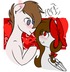 Size: 2500x2576 | Tagged: safe, artist:rsa.fim, imported from derpibooru, oc, oc only, oc:crash bash, oc:whisper hope, earth pony, pegasus, pony, blushing, bow, commission, couple, crashope, female, hair bow, looking at each other, male, mare, oc x oc, red eyes, ribbon, romance, shipping, simple background, smiling, stallion, straight, transparent background