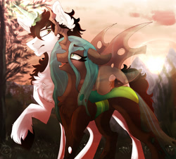 Size: 2000x1800 | Tagged: safe, artist:zaphyray, imported from derpibooru, queen chrysalis, oc, oc:fire knight, changeling, changeling queen, pony, unicorn, blushing, canon x oc, chest fluff, female, male, shipping, stallion, straight, sunset