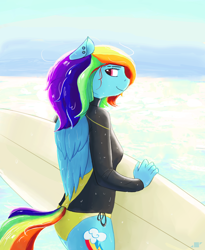 Size: 1500x1831 | Tagged: safe, artist:shiropoint, imported from derpibooru, rainbow dash, anthro, backwards cutie mark, bikini, bikini bottom, clothes, female, solo, surfboard, swimsuit, wetsuit