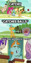 Size: 384x768 | Tagged: safe, imported from derpibooru, screencap, applejack, fluttershy, pinkie pie, rainbow dash, snails, snips, sweetie belle, twist, earth pony, pegasus, pony, unicorn, buckball season, the cart before the ponies, bad joke, bottomless, buckball, clothes, colt, male, meme, partial nudity, ponyville schoolhouse