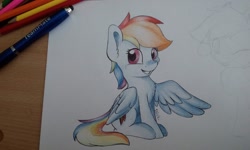 Size: 1280x768 | Tagged: safe, artist:dbleki, imported from derpibooru, rainbow dash, pegasus, pony, cute, female, pencil, simple background, smiling, solo, traditional art, white background