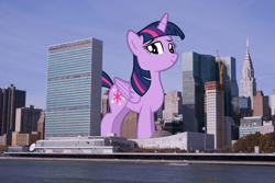 Size: 2689x1800 | Tagged: safe, artist:gamemasterluna, artist:logan859, imported from derpibooru, twilight sparkle, alicorn, pony, chrysler building, giant pony, highrise ponies, irl, macro, mega twilight sparkle, new york city, photo, ponies in real life, twilight sparkle (alicorn), united nations