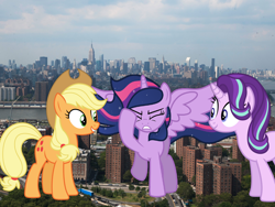 Size: 2048x1536 | Tagged: safe, artist:decprincess, artist:deratrox, artist:logan859, imported from derpibooru, applejack, starlight glimmer, twilight sparkle, alicorn, earth pony, pony, unicorn, giant pony, giant starlight glimmer, highrise ponies, irl, macro, mega twilight sparkle, new york city, photo, ponies in real life, twilight sparkle (alicorn)