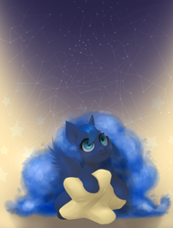 Size: 3200x4200 | Tagged: safe, artist:miioko, imported from derpibooru, princess luna, pony, :3, absurd resolution, constellation, cute, female, filly, looking up, lunabetes, pillow, solo, stars, woona, younger