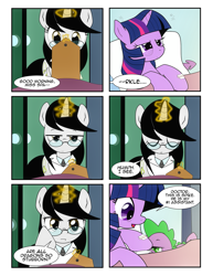 Size: 1275x1650 | Tagged: safe, artist:dsana, imported from derpibooru, spike, twilight sparkle, oc, oc:white scrubs, dragon, pony, unicorn, comic:to look after, bags under eyes, bed, comic, female, hospital bed, magic, mare, sleepy