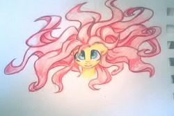 Size: 1075x720 | Tagged: safe, artist:inowiseei, imported from derpibooru, fluttershy, pony, bust, female, looking at you, portrait, sketch, solo, spread out hair, tentacle hair, traditional art