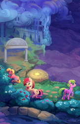 Size: 1650x2550 | Tagged: safe, artist:viwrastupr, imported from derpibooru, daisy, flower wishes, lily, lily valley, roseluck, earth pony, pony, blushing, bush, cloudsdale, color porn, female, flower, flower trio, grass, pond, rose, scenery, trio, trio female