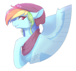 Size: 534x498 | Tagged: safe, artist:myralilth, imported from derpibooru, rainbow dash, pony, clothes, female, floppy ears, hat, looking at you, open mouth, scarf, simple background, smiling, solo, transparent background
