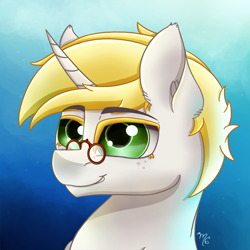 Size: 1500x1500 | Tagged: safe, artist:midnightsix3, imported from derpibooru, oc, oc only, oc:book shield, pony, unicorn, blonde hair, freckles, glasses, gradient background, green eyes, male, smiling, solo, stallion