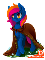 Size: 759x1000 | Tagged: safe, artist:arctic-fox, imported from derpibooru, oc, oc only, oc:early light, earth pony, pony, cloak, clothes, commission, female, flower, grass, mare, patreon, patreon logo, raised hoof, simple background, solo, transparent background