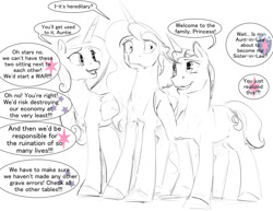 Size: 1280x989 | Tagged: safe, artist:silfoe, imported from derpibooru, night light, princess cadance, princess luna, alicorn, pony, unicorn, black and white, consoling, cutie mark, dialogue, floppy ears, folded wings, grayscale, grimace, implied shining armor, implied twilight sparkle, implied twilight velvet, monochrome, open mouth, panic, partial color, raised hoof, simple background, smiling, speech bubble, terrified, thousand yard stare, trio, white background