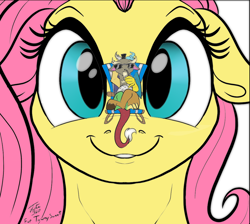 Size: 1016x912 | Tagged: safe, artist:tsitra360, edit, edited edit, imported from derpibooru, discord, fluttershy, draconequus, pony, colored sketch, giant pony, macro, micro, size difference, smiling