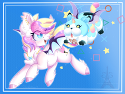 Size: 1600x1200 | Tagged: safe, artist:pvrii, artist:silent-shadow-wolf, imported from derpibooru, oc, oc only, oc:confectionery bliss, bat pony, hybrid, pony, animal, creature, cute, disney, dream eater, duo, female, flying, friends, kingdom hearts, mare, open mouth, smiling, spread wings