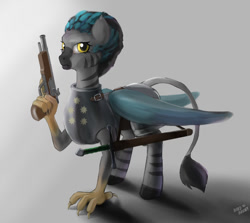 Size: 840x750 | Tagged: safe, artist:hardbrony, imported from derpibooru, griffon, hybrid, zebra, armor, crossover, fantasy class, godlike, gray background, griffonized, gun, handgun, knight, paladin, pallegina, pillars of eternity, pistol, ponified, simple background, solo, species swap, sword, warrior, weapon