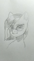 Size: 337x600 | Tagged: safe, artist:share dast, imported from derpibooru, oc, oc only, oc:eve scintilla, earth pony, pony, bust, eyebrows, glasses, monochrome, pencil drawing, portrait, short mane, sketch, solo, traditional art