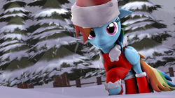 Size: 1920x1080 | Tagged: safe, artist:wiizzie, imported from derpibooru, rainbow dash, pony, 3d, boots, clothes, costume, female, hat, hooves, santa costume, santa hat, solo, tree, wings, winter