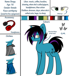 Size: 2300x2560 | Tagged: safe, artist:despotshy, imported from derpibooru, oc, oc only, oc:despy, earth pony, pony, clothes, female, headphones, high res, hoodie, mare, reference sheet, shirt, solo