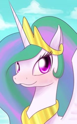 Size: 600x960 | Tagged: safe, artist:phoenixperegrine, imported from derpibooru, princess celestia, alicorn, pony, blushing, bust, crown, female, jewelry, looking at you, peytral, portrait, regalia, solo