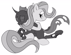 Size: 3600x2816 | Tagged: safe, artist:waffleberry, imported from derpibooru, oc, oc only, changeling, earth pony, pony, duo, hug, monochrome, simple background, sitting, white background