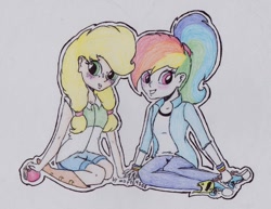 Size: 1200x924 | Tagged: safe, artist:marta4708, imported from derpibooru, applejack, rainbow dash, equestria girls, appledash, clothes, converse, female, lesbian, shipping, shoes, traditional art