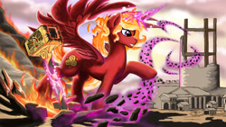 Size: 6000x3375 | Tagged: safe, artist:doomsp0rk, imported from derpibooru, oc, oc only, oc:keris, alicorn, pony, absurd resolution, alicorn oc, city, debris, giant alicorn, giant pony, hammer, helping, helping hoof, levitation, macro, magic, mane of fire, nightfall in equestria, raised hoof, rebuilding, solo, telekinesis, war hammer