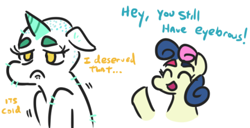 Size: 500x255 | Tagged: safe, artist:jargon scott, imported from derpibooru, bon bon, lyra heartstrings, sweetie drops, earth pony, pony, unicorn, abuse, dialogue, duo, eyes closed, floppy ears, furless, lyrabuse, open mouth, sad, shaved, simple background, smiling, ugly, white background