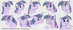 Size: 2700x1125 | Tagged: safe, artist:amarynceus, imported from derpibooru, twilight sparkle, pony, angry, annoyed, clopping, concentrating, concerned, confused, expressions, female, floppy ears, happy, head turn, lidded eyes, shocked, shrunken pupils, sleepy, smiling, smug, smuglight sparkle, solo, turned head