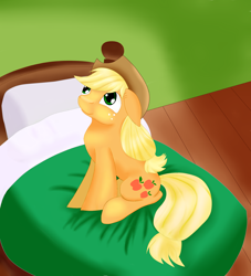 Size: 1818x2000 | Tagged: safe, artist:huffy26, imported from derpibooru, applejack, pony, bed, cowboy hat, cute, female, freckles, hat, jackabetes, looking at something, looking up, sitting, solo, stetson