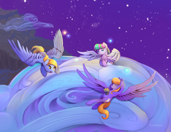 Size: 2200x1700 | Tagged: safe, artist:viwrastupr, imported from derpibooru, blossomforth, cloud kicker, derpy hooves, pegasus, pony, cloud, cute, eyes closed, female, flying, food, large wings, mare, muffin, night, night sky, smiling, spread wings, starry night, stars, trio, wings