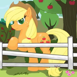 Size: 900x900 | Tagged: safe, artist:densunes, imported from derpibooru, applejack, pony, apple tree, colored pupils, cowboy hat, ear fluff, female, fence, freckles, hat, signature, smiling, solo, stetson, tree