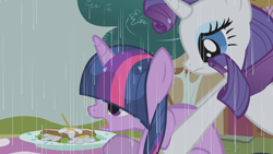 Size: 1280x720 | Tagged: safe, imported from derpibooru, screencap, rarity, twilight sparkle, pony, unicorn, season 1, the ticket master, daffodil and daisy sandwich, duo, female, food, grabbing, holding a pony, mare, open mouth, plate, rain, sandwich, table, unicorn twilight, wet, wet mane