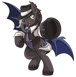 Size: 4134x4203 | Tagged: safe, artist:estories, imported from derpibooru, oc, oc only, oc:shadow dash, bat pony, pony, absurd resolution, clothes, handsome, hat, male, necktie, open mouth, simple background, solo, stallion, tongue out, transparent background, trilby, vest