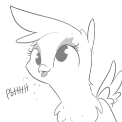 Size: 1080x1080 | Tagged: safe, artist:tjpones, imported from derpibooru, gilda, griffon, :p, birb, bust, cute, derp, female, fluffy, gildadorable, grayscale, monochrome, onomatopoeia, raspberry, raspberry noise, silly, smiling, solo, spread wings, tongue out