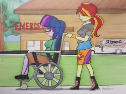 Size: 1024x767 | Tagged: safe, artist:missmayaleanne, imported from derpibooru, part of a set, sci-twi, sunset shimmer, twilight sparkle, equestria girls, chair, clothes, cute, female, hospital, lesbian, part of a series, patient, scitwishimmer, shipping, sitting, skirt, story included, sunsetsparkle, traditional art, walking, wheelchair