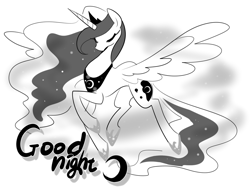 Size: 1400x1050 | Tagged: safe, artist:haden-2375, imported from derpibooru, princess luna, pony, crown, eyes closed, female, jewelry, monochrome, raised hoof, regal, regalia, simple background, solo, spread wings, text, white background