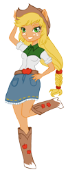 Size: 1128x2836 | Tagged: safe, artist:jiubeck, imported from derpibooru, applejack, equestria girls, boots, clothes, commission, cowboy boots, cowboy hat, cute, denim skirt, female, hat, ponied up, ponytail, simple background, skirt, solo, stetson, transparent background